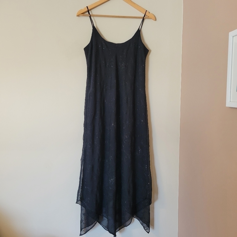Vintage Y2K Sheer Overlay Asymmetrical Hem Slinky Goth Midi Formal Dress Size 10 - Picture 6 of 9